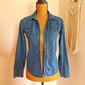 Miley Cyrus & Max Azria Destressed Denim Shirt XS